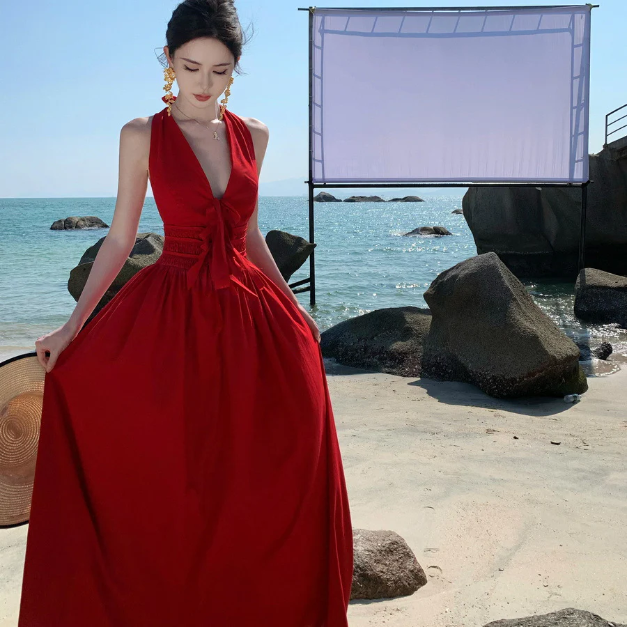 2025 Vintage Sexy Deep V Halter Strap Neck Red Dress Women's Summer Seaside Vacation Waist Sleeveless Long Dress - Deanwangkt