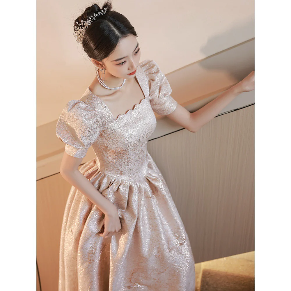 2025 Evening dress female champagne color 2025 new high-end sense light luxury niche banquet temperament adult ceremony graduation hosting skirt - Deanwangkt