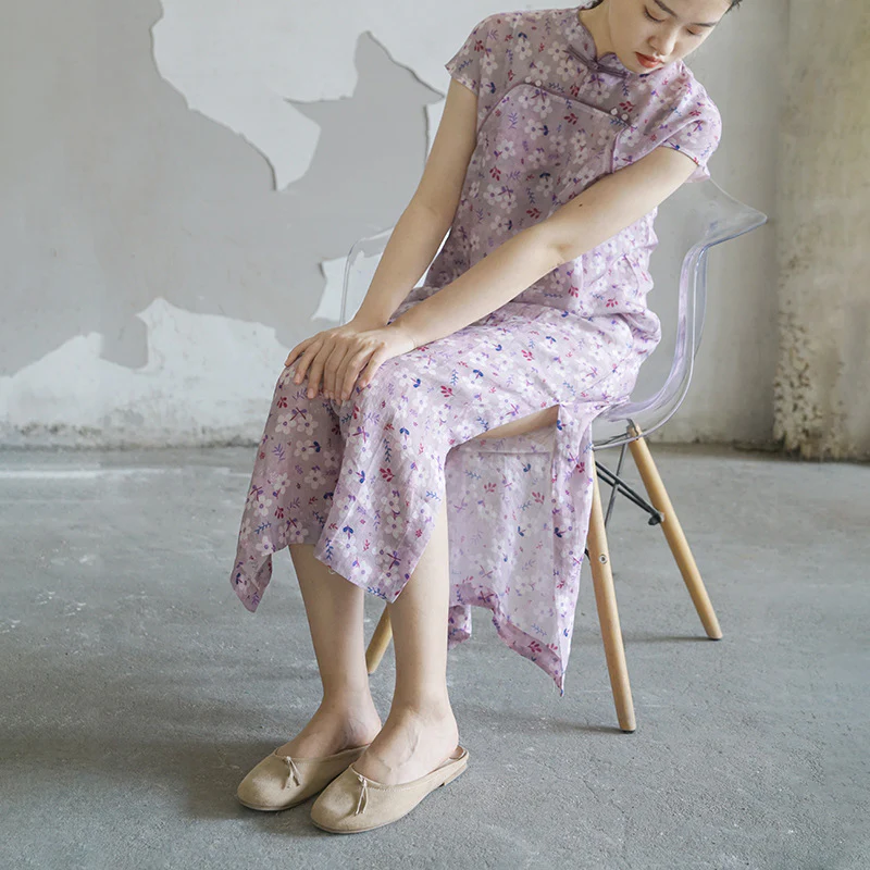 design Chinese style diagonal placket print thin cheongsam, Zen style Republic of China slim dress L21169 - Deanwangkt