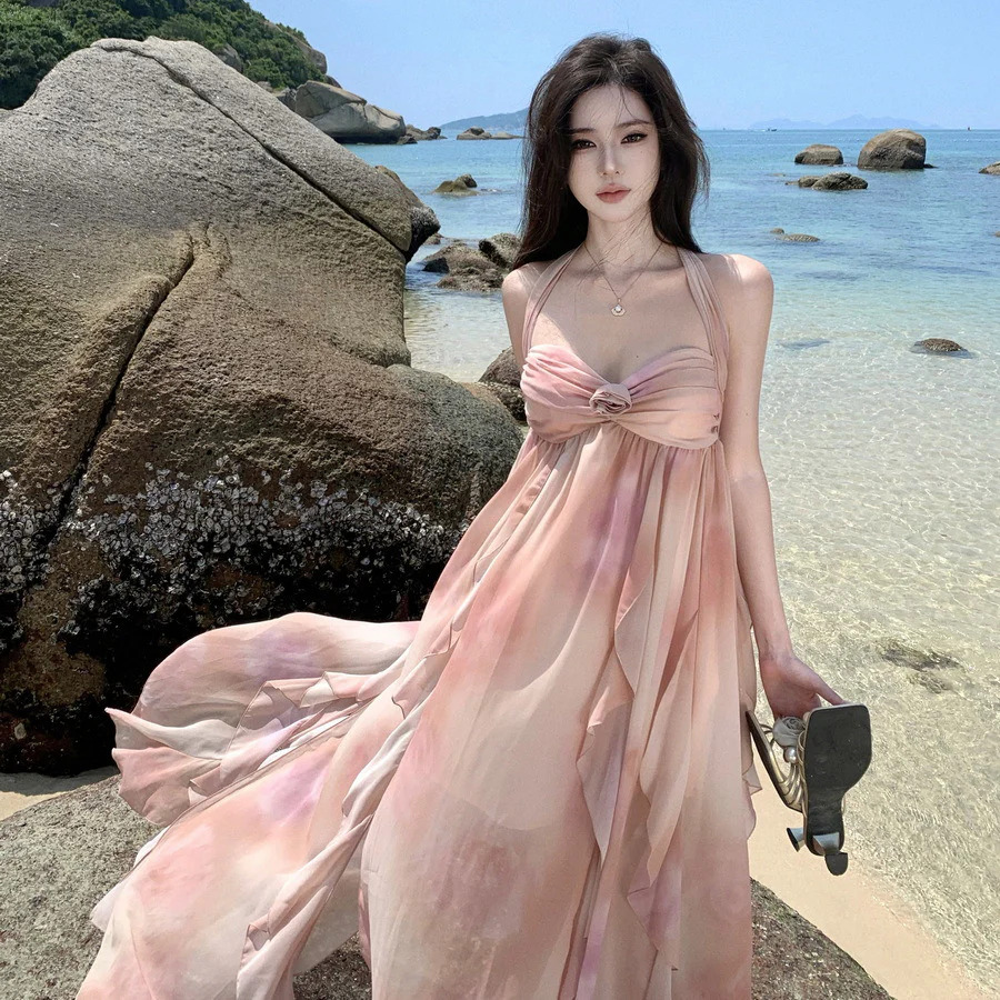 2025 smudged lotus leaf edge tube top hanging neck backless dress women's summer seaside vacation photo long dress elegant and super fairy - Deanwangkt