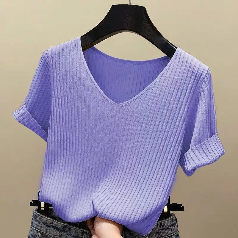 Blouse Women Blusas Mujer De Moda Verano Short Sleeve White V-Neck Knitted Shirt Tops Blusa E403 210426 - Deanwangkt