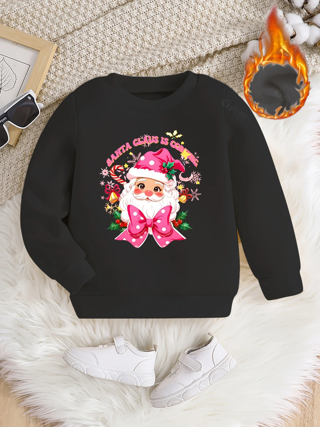 Girls' Festive Santa Claus Print Sweatshirt - Cozy Polyester, Round Neck Pullover for Fall/Winter - Deanwangkt