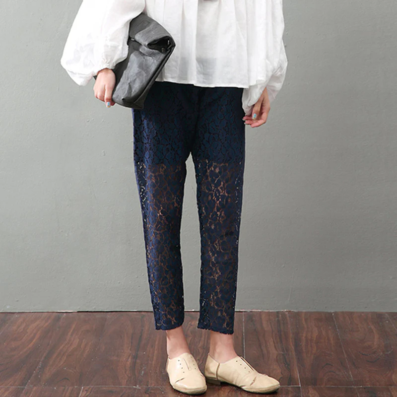 2025 hollow lace leggings women's wear spring thin, cotton and linen casual nine-point pants women's pants - Deanwangkt