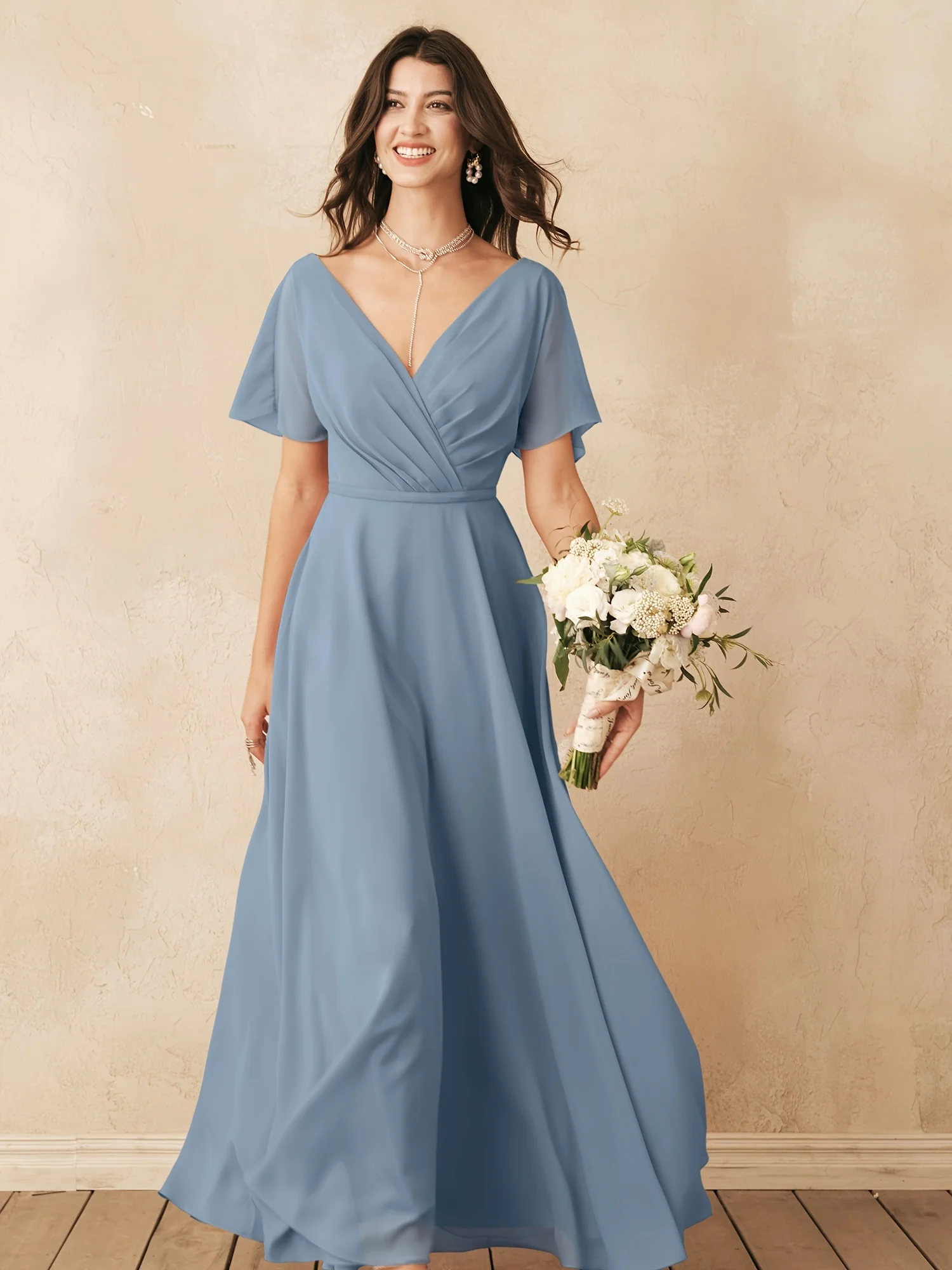 ALICEPUB Plus Size Wrap V-Neck Bridesmaid Dress Chiffon Long Maxi Formal Dress For Women Party Evening Short Sleeves - Deanwangkt
