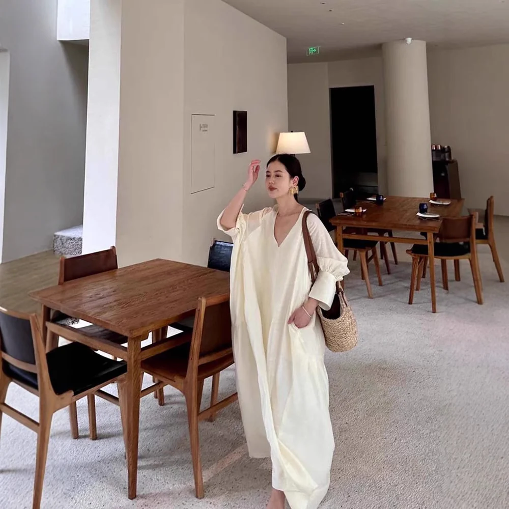 Siyuan, high-end  lazy casual robe, fashionable V-neck seven-quarter-sleeved Tencel jacquard dress 7758 - Deanwangkt