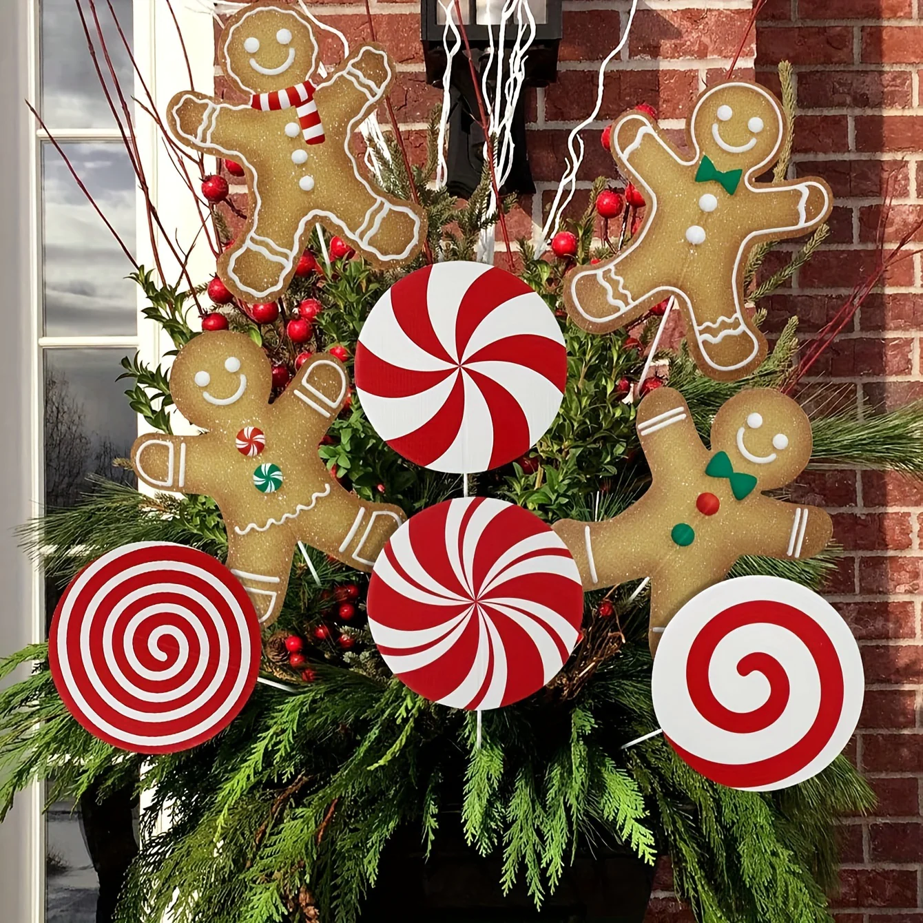 WINTOGETHER 4-8pcs Classic Christmas Gingerbread Man Ornaments, Red and White Candy Cane Tree Decorations, Large Festive Holiday Tree Toppers for Home, Office, and Party Decor, No Battery Required - Deanwangkt