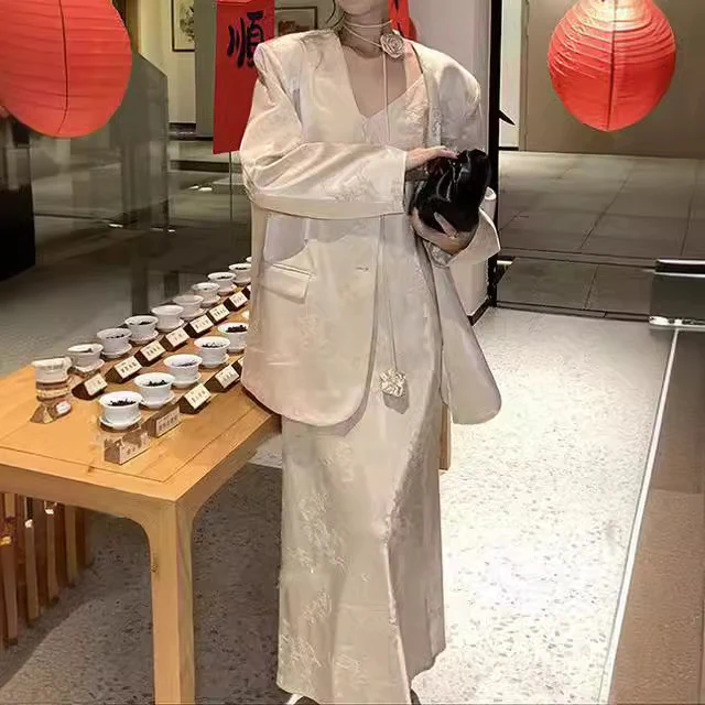 2025 Spot popular Women's New Chinese Jacquard Satin Suit Suit Women's Premium Temperament Suspender Dress Two-piece Set - Deanwangkt