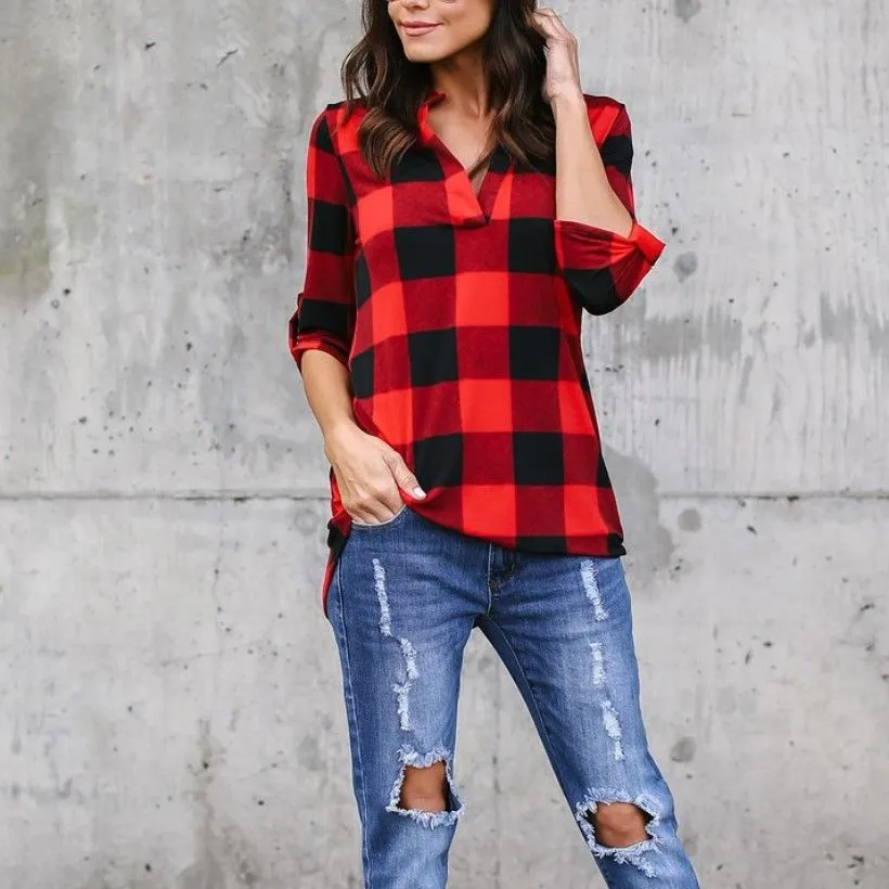 Blouses Women Plaid Shirt V-neck Shirt Women Black and Red Ladie Top Chemise Cotton Plaid Women Tops Casual Blouse Shirt - Deanwangkt