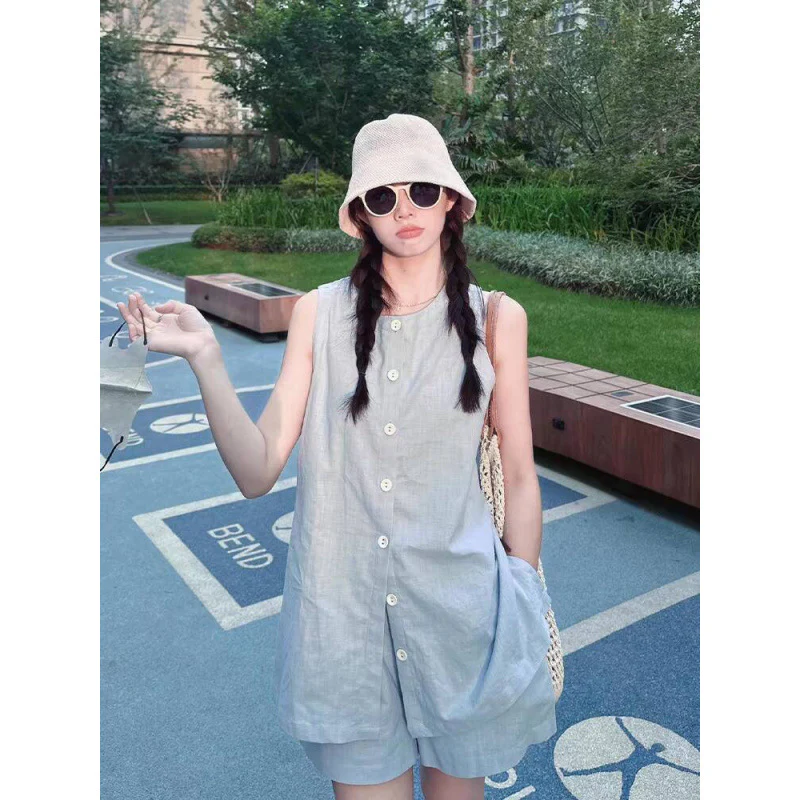Linen sleeveless shirt set women's summer Korean wear fashionable loose vest elastic waist shorts two-piece set - Deanwangkt