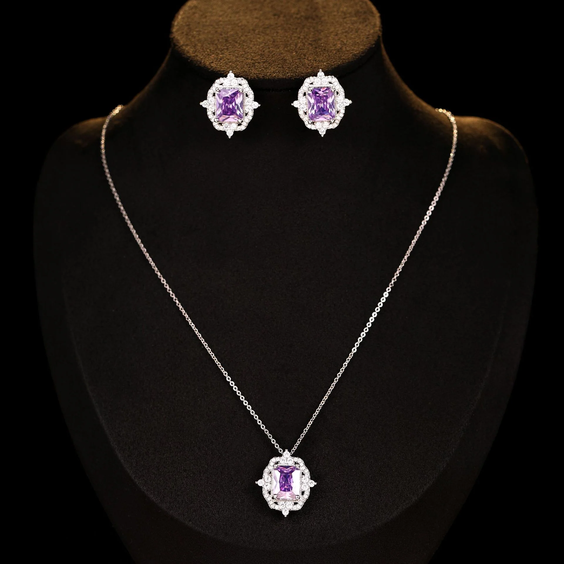 2025 light luxury exquisite zircon set, collarbone chain earrings, niche high-end square zirconium bridal necklace necklace jewelry - Deanwangkt