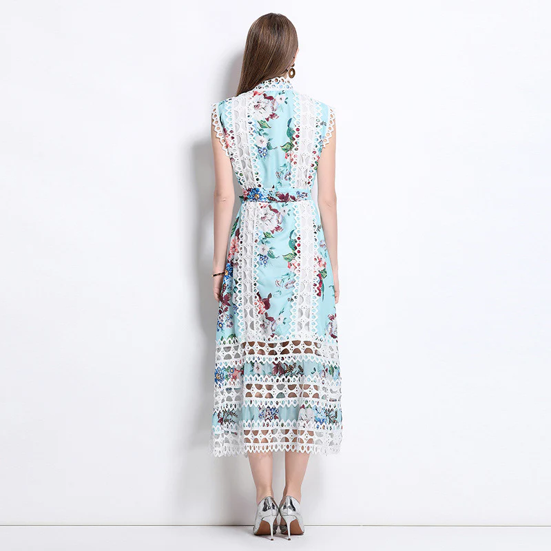 retro niche temperament court hollow lace A-shaped skirt women's clothing summer stand-up collar waist and thin dress - Deanwangkt