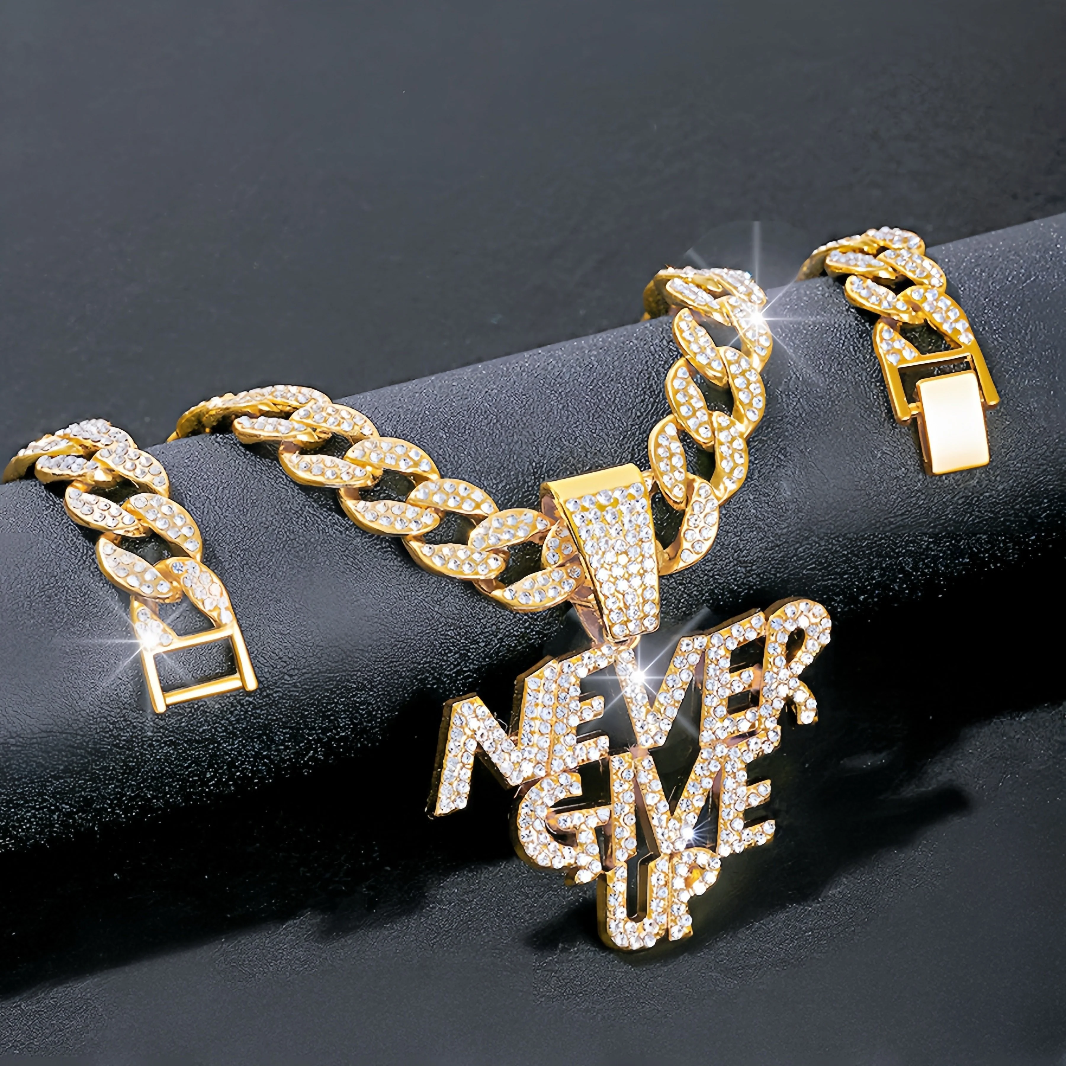 Never give up pendant hip hop Cuban chain necklace, chain length 18in wide 0.59in, gift box - Deanwangkt