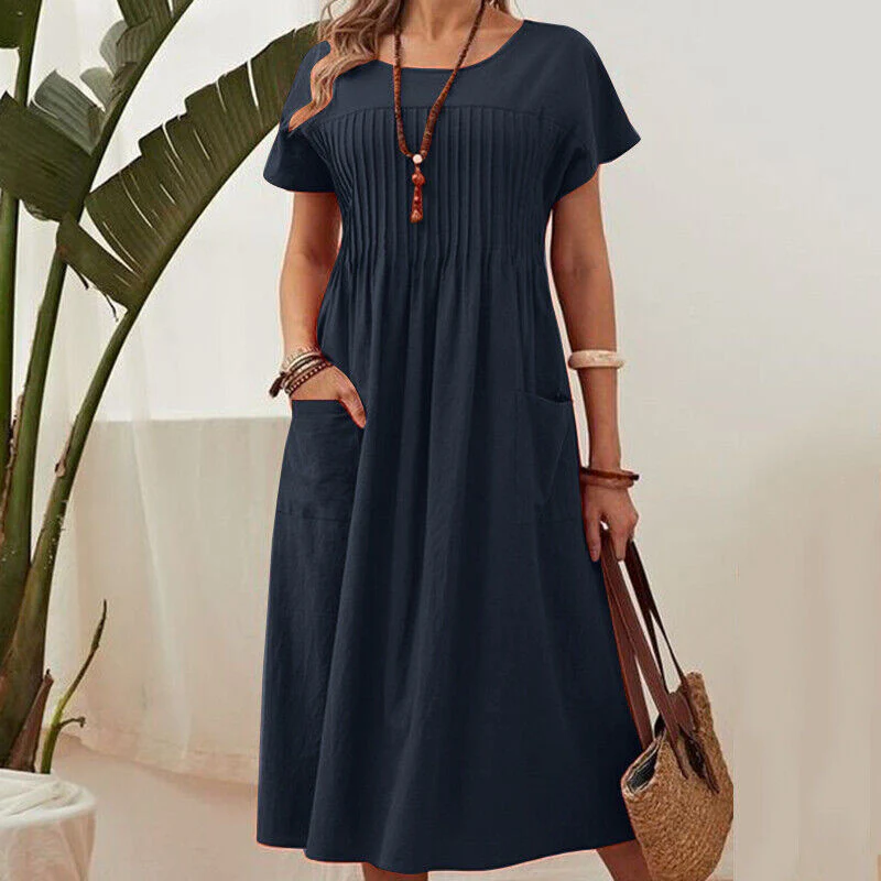 DEANWAQNGKT  Cross-Border Foreign Trade  European and American Women's Clothing Long Dress New Solid Color round Neck Pocket Pleated Short Sleeves Cotton Linen Dress - Deanwangkt