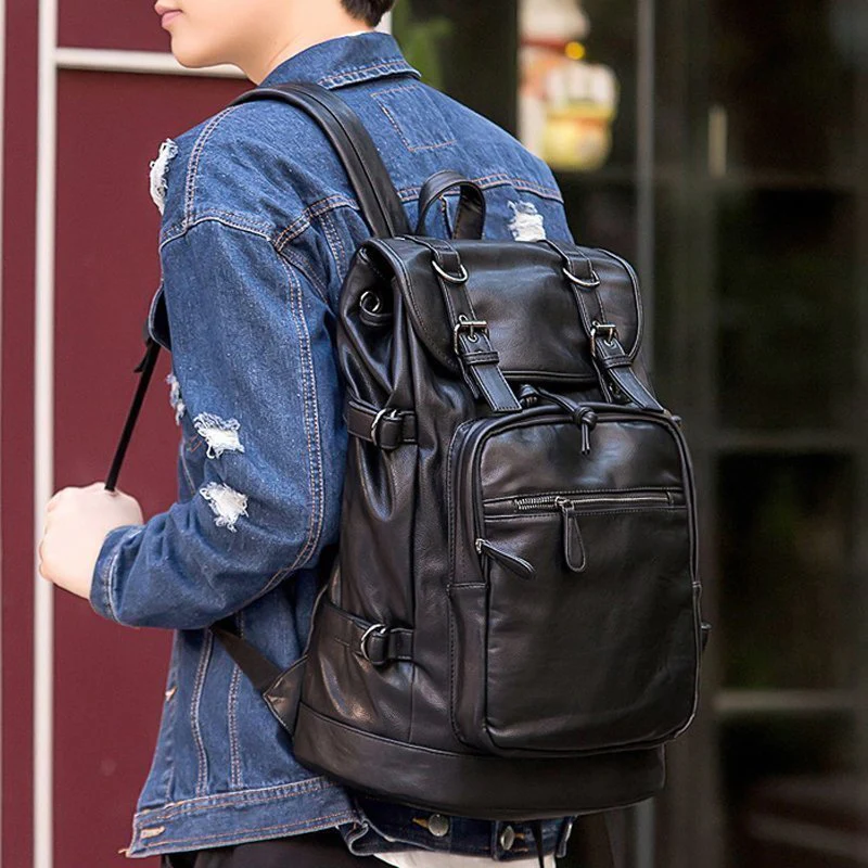 deanwangkt Men's Backpack Men's Backpack Leather Casual Korean Style Student Fashion Trendy Soft Leather Large Capacity Travel Bag - Deanwangkt