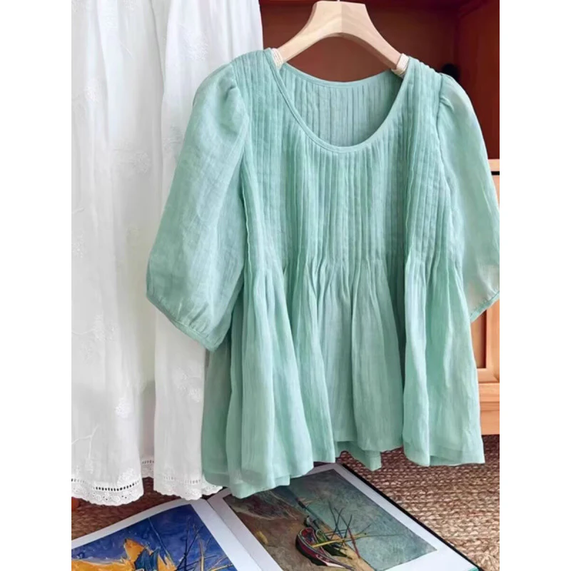 Small fresh mint mambo green heavy industry pleated craft wrinkled cotton and linen five-quarter sleeve short shirt women's summer new - Deanwangkt