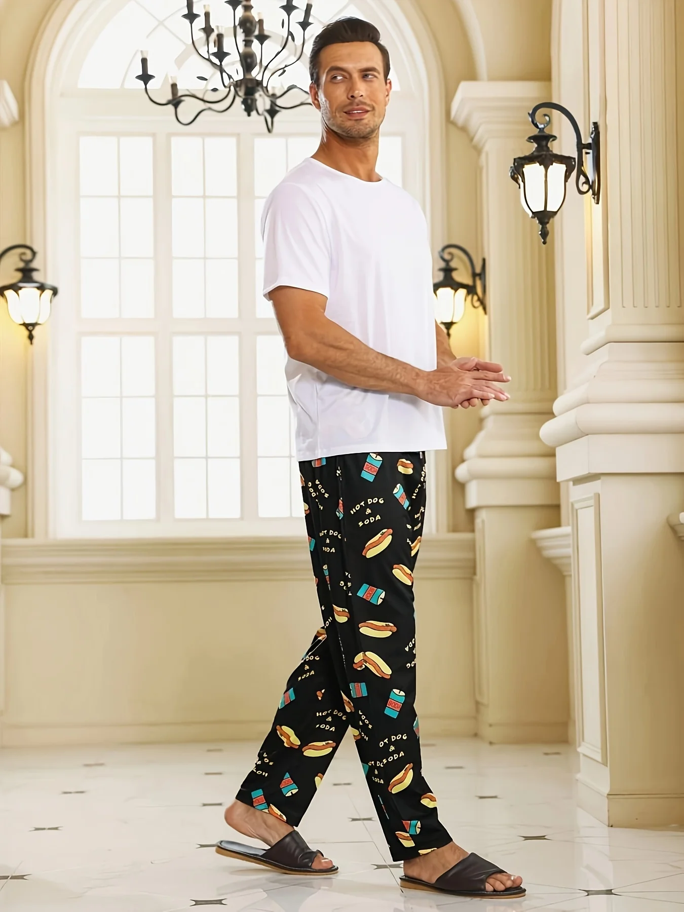 Men's Trendy Hamburger Soda Drinks Print Loose Pajama Pants, Stylish All-match Pants, Comfy & Breathable For Summer - Deanwangkt