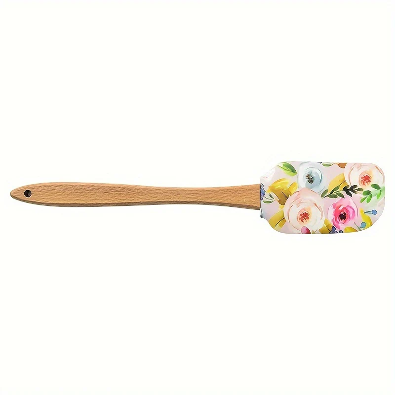 1pc Floral Print Silicone Spatula Set with Wooden Handle, Premium Kitchen Baking & Pastry Scraper, Non-Electric Home Cooking Utensil for RV Interior Accessories - Deanwangkt