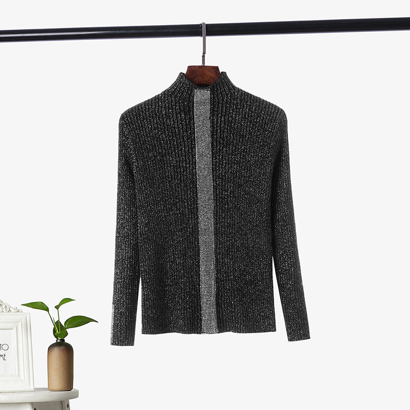 DEANWANGKT Semi-turtleneck thick knitted sweater women's long-sleeved autumn and winter new hot diamond pullover slim-fitting versatile bottoming shirt top - Deanwangkt