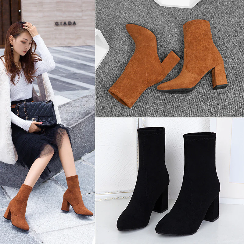 Internet Celebrity Fashion Boots Women's Chunky Heel Fashion Pointed Toe High-Heeled Outdoor Autumn and Winter New Warm Mid-Calf Suede Female Boots - Deanwangkt