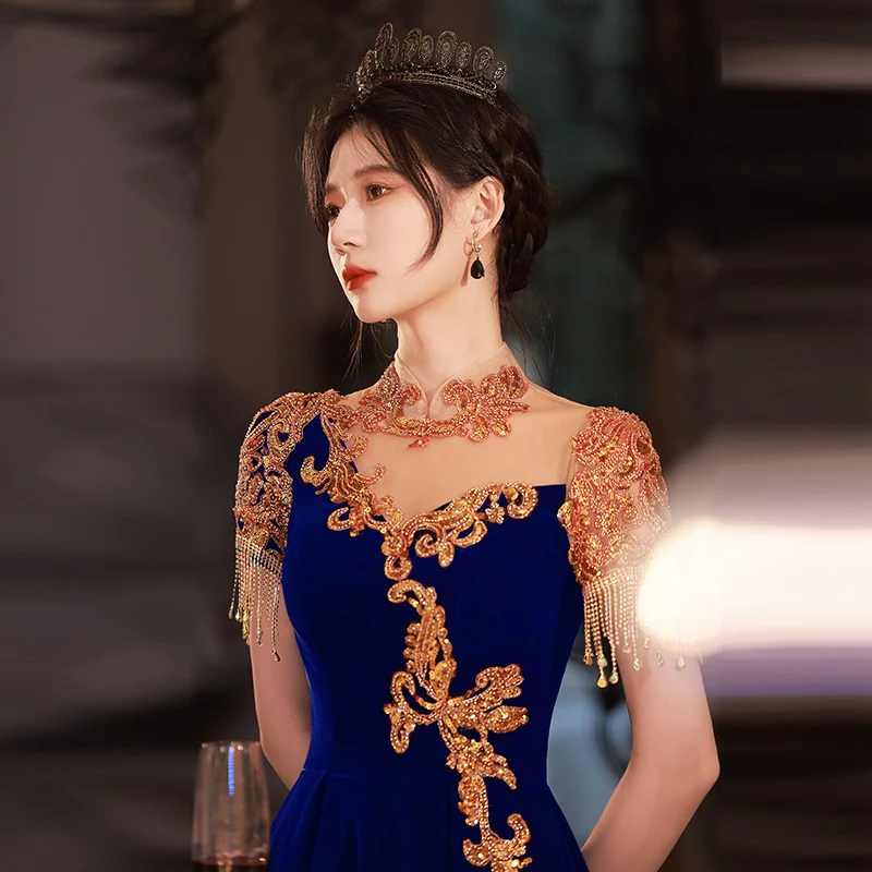 2025 Banquet Evening Dress 2025 Spring Velvet Light Luxury Blue Fairy Temperament Bridal Toasting Dress Vocal Performance Art Examination Dress - Deanwangkt