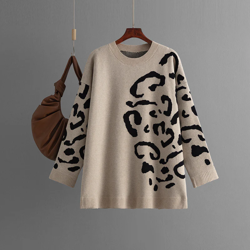 DEANWANGKT Knitted jacquard sweater women's New autumn and winter 2025 new products round neck pullover leopard print long sleeve medium and long bottoming shirt - Deanwangkt