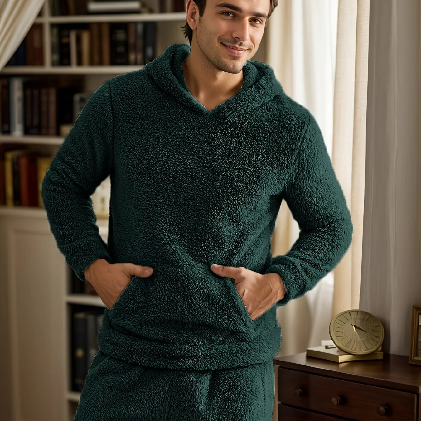 2 Pcs Men's Solid Color Flannel Hooded Long Sleeve & Trousers Pajama Set, Comfortable & Skin-friendly Style Men's Cozy Loungewear - Deanwangkt