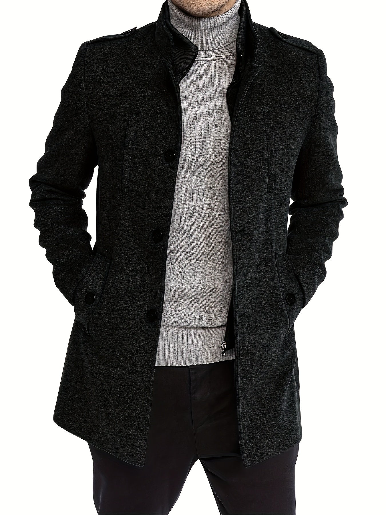 1pc Men'S Casual Trench Coat - Polyester Long Sleeve Stand Collar Single Breasted Pea Coat with Pockets - Regular Fit Mid-Length Jacket for Autumn/Winter, Plus Size - Deanwangkt