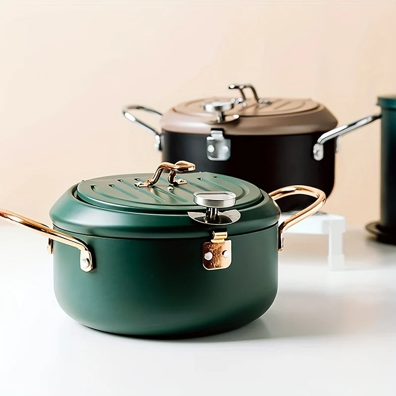 1pc Large Green Tempura Deep Fryer Pan - Non-Stick Carbon Steel with Fahrenheit Thermometer for Perfect Tempura, Chicken, Fish, Shrimp - Easy Cleaning, Durable, Space-Saving Design for Home Kitchen - Deanwangkt