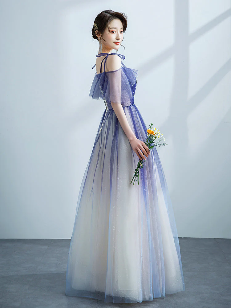 Solvbao Purple Tulle Gradient Straps Beaded Long Party Dress, New Style A-line Tulle Prom Dress - Deanwangkt