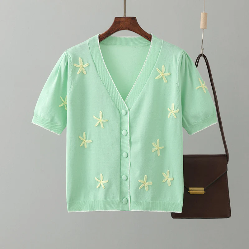 DEANWANGKT Short-sleeved ice silk knitted cardigan women's summer thin fashion Korean version temperament versatile embroidered small short top - Deanwangkt