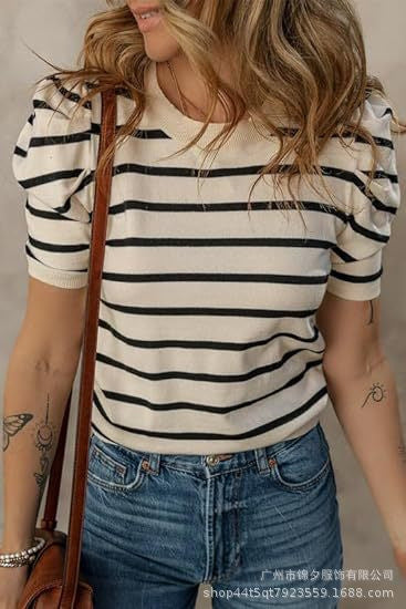 DEANWANGKT  Spring and Summer New Women's Clothing European and American Style Striped Pullover round Neck Puff Sleeve T-shirt - Deanwangkt
