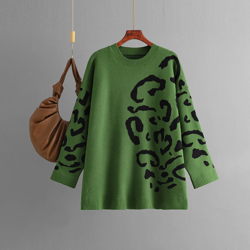 DEANWANGKT Knitted jacquard sweater women's New autumn and winter 2025 new products round neck pullover leopard print long sleeve medium and long bottoming shirt - Deanwangkt