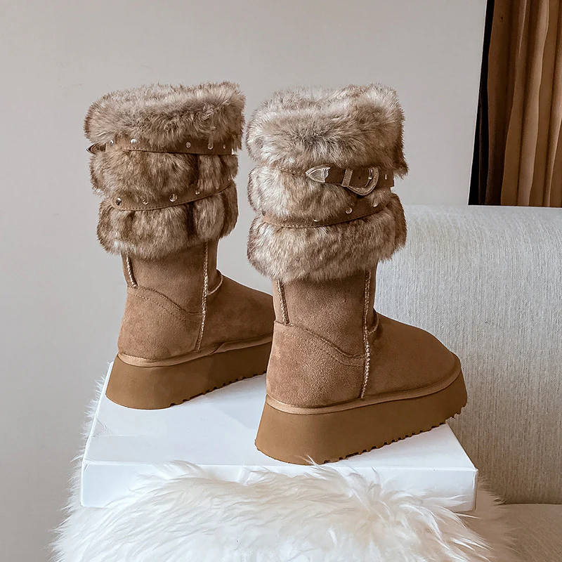 2025  Northeast snow boots women's winter velvet thickened popular new thick-soled medium tube cotton shoes fashionable versatile fluffy boots - Deanwangkt