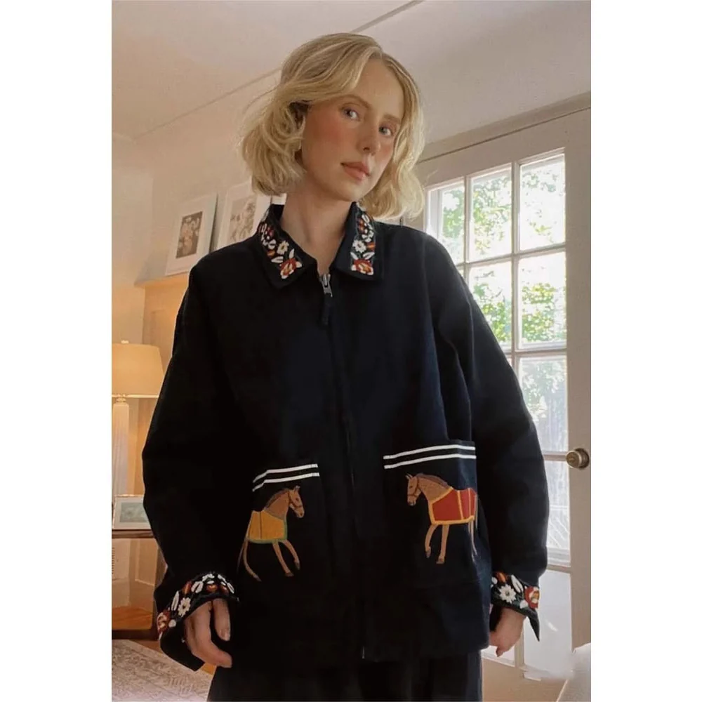 Siyuan court style flower war horse heavy industry embroidered jacket jacket women's short embroidered zipper jacket top 7745 - Deanwangkt