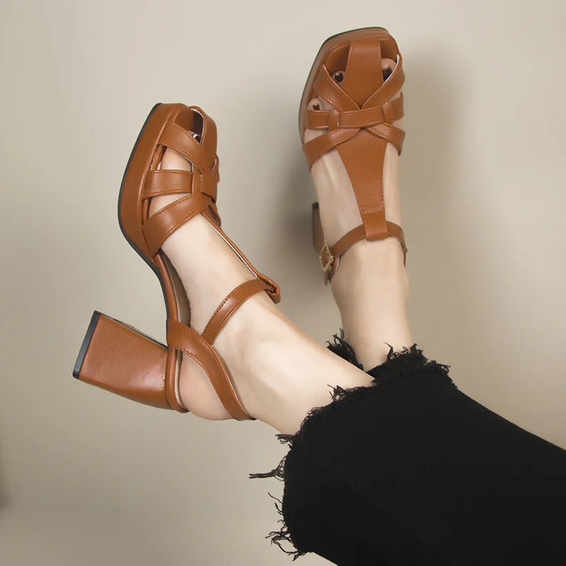 DEANWANGK  Closed Toe Hollow-out Roman Style High Heels Women's  Spring New Fashion Square Toe Hollow Chunky Heel Ankle-Strap Buckle Sandals - Deanwangkt