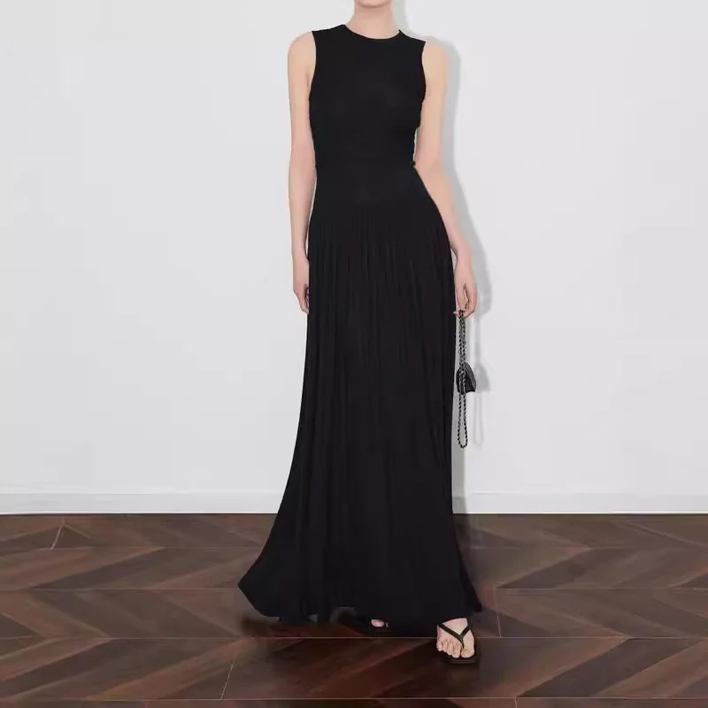 2025 popular summer new knitted thin round neck splicing sleeveless long dress women's versatile thin Muse skirt - Deanwangkt