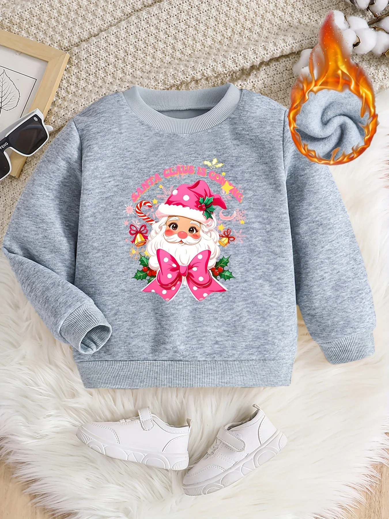 Girls' Festive Santa Claus Print Sweatshirt - Cozy Polyester, Round Neck Pullover for Fall/Winter - Deanwangkt