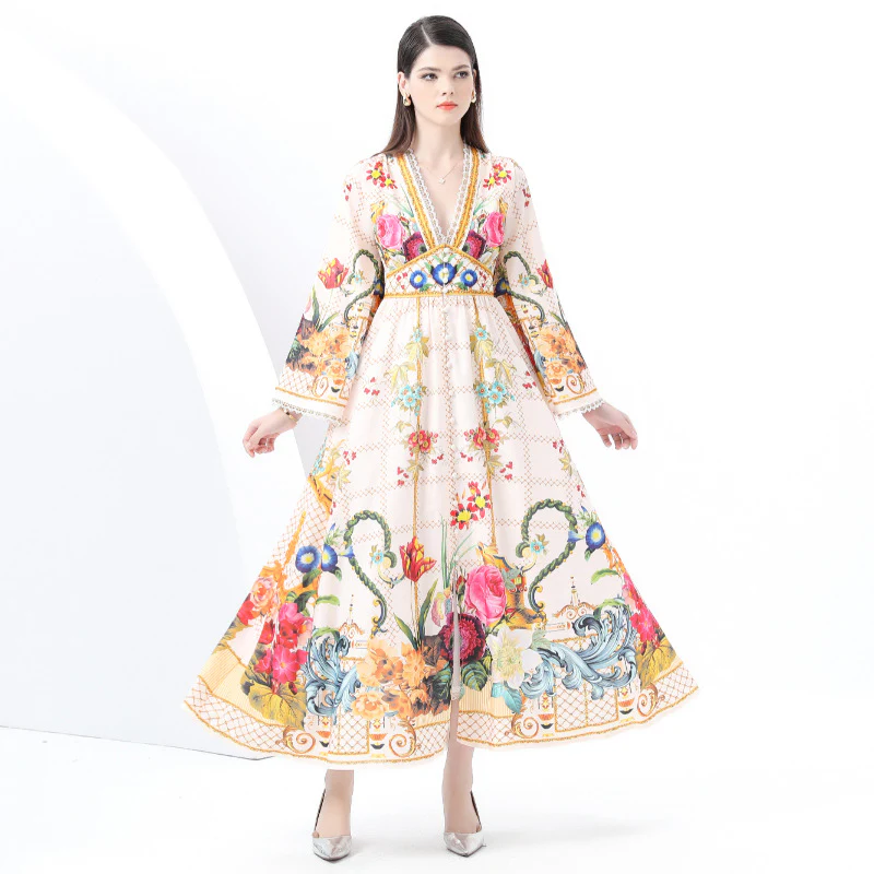 Early Spring - Vintage Deep V-Neck Flared Sleeve Wide Pendulum Painted Printed Long Dress - Deanwangkt