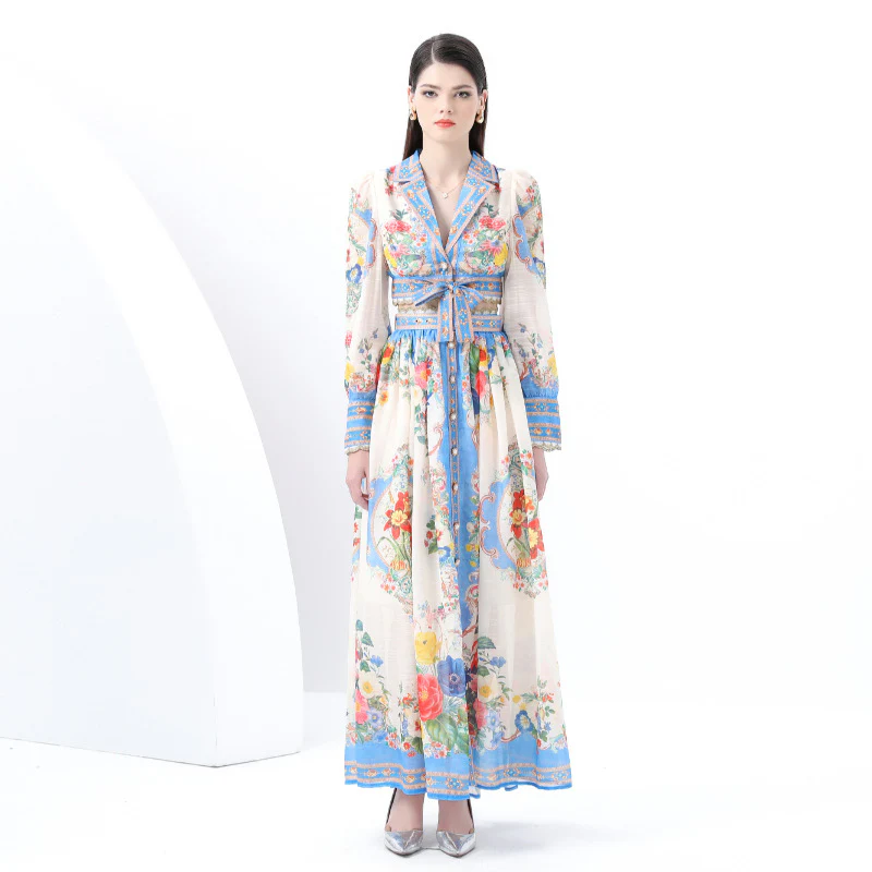 Popular, ,  New women's clothing vacation suit collar lace-up long-sleeved top + long high-waisted skirt - Deanwangkt