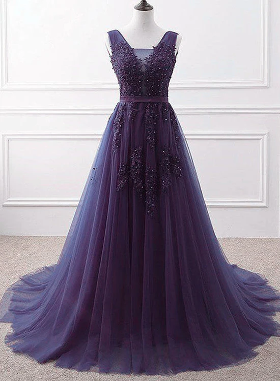 Solvbao Lovely Purple Handmade Tulle V-neckline Long Party Dress, Purple A-line Bridesmaid Dress - Deanwangkt