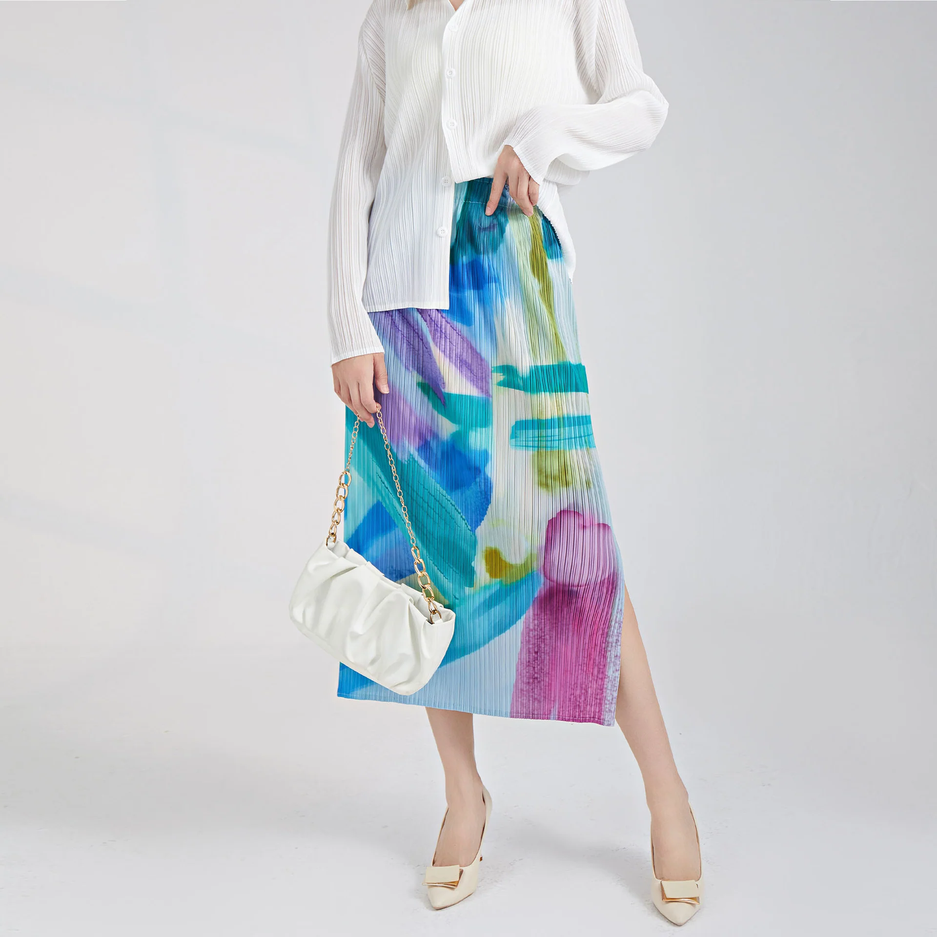 2025 Xiaohongshu hot-selling pleated skirt women's summer new high-waisted and thin smudged split-fork Miyake straight skirt - Deanwangkt