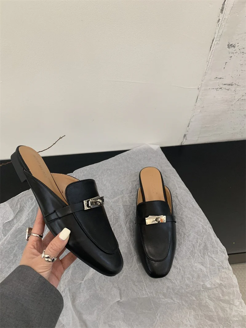 DEANWANGKT  Closed Toe Half Slippers Women's Summer Outdoor Mules  New Horsebit Buckle Flat Shoes Genuine Leather Internet Celebrity Lazy Sandals - Deanwangkt
