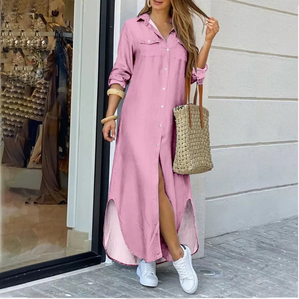 DEANWANGKT Cross-Border Women's Clothing  EBay New European and American Fall Winter Fashion Sexy Shirt Maxi Dress Women - Deanwangkt