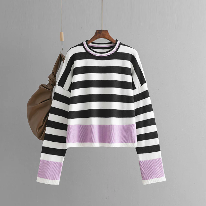 DEANWANGKT New autumn and winter new 2025 large-size women's sweater cross-border striped long-sleeved crew neck knitted sweater top women - Deanwangkt