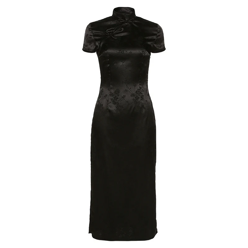 DEANWANGKT  Cross Border New 2019 Winter Chinese Style  Solid Color Embroidered Slim Split Cheongsam Dress Women - Deanwangkt