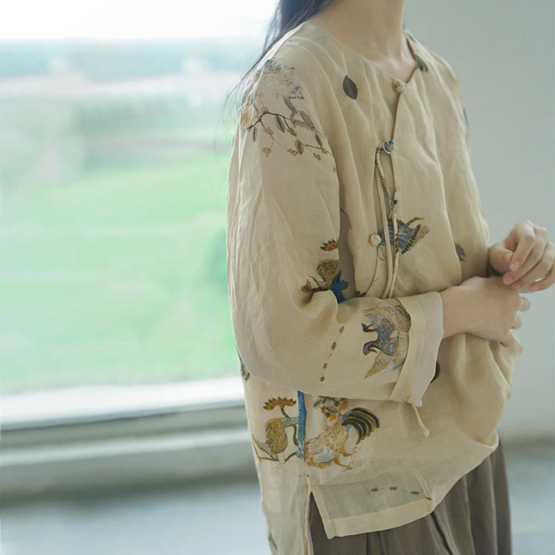 design Chinese diagonal placket digital printed ramie top, tea clothes double-layer anti-penetration Zen shirt S22182 - Deanwangkt
