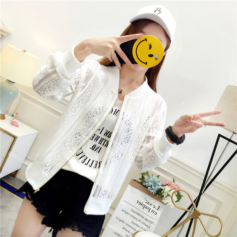 DEANWANGKT  New  Summer Long-Sleeve Lace Shirt Beach Sun Protection Clothing Women's Hollow-out Short Slim-Fit Zipper Baseball Uniform Jacket - Deanwangkt