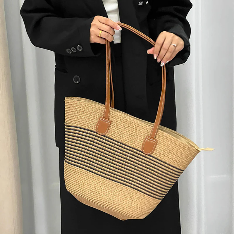 Summer Striped One-Shoulder Commuter Straw Woven Bag New Large Capacity Casual Fashion Women's Seaside Beach Tote Bag - Deanwangkt