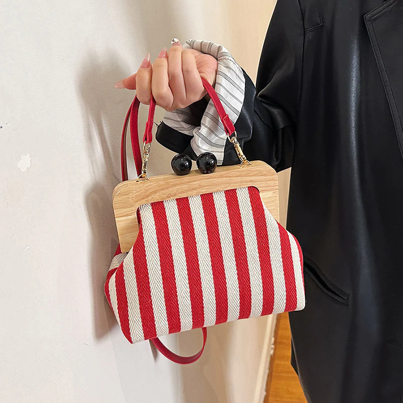 New Women's Bag Striped Canvas Wooden Clip Mouth Clutch Fashion Exquisite Internet Celebrity Same Style One-Shoulder Crossboby Bag - Deanwangkt