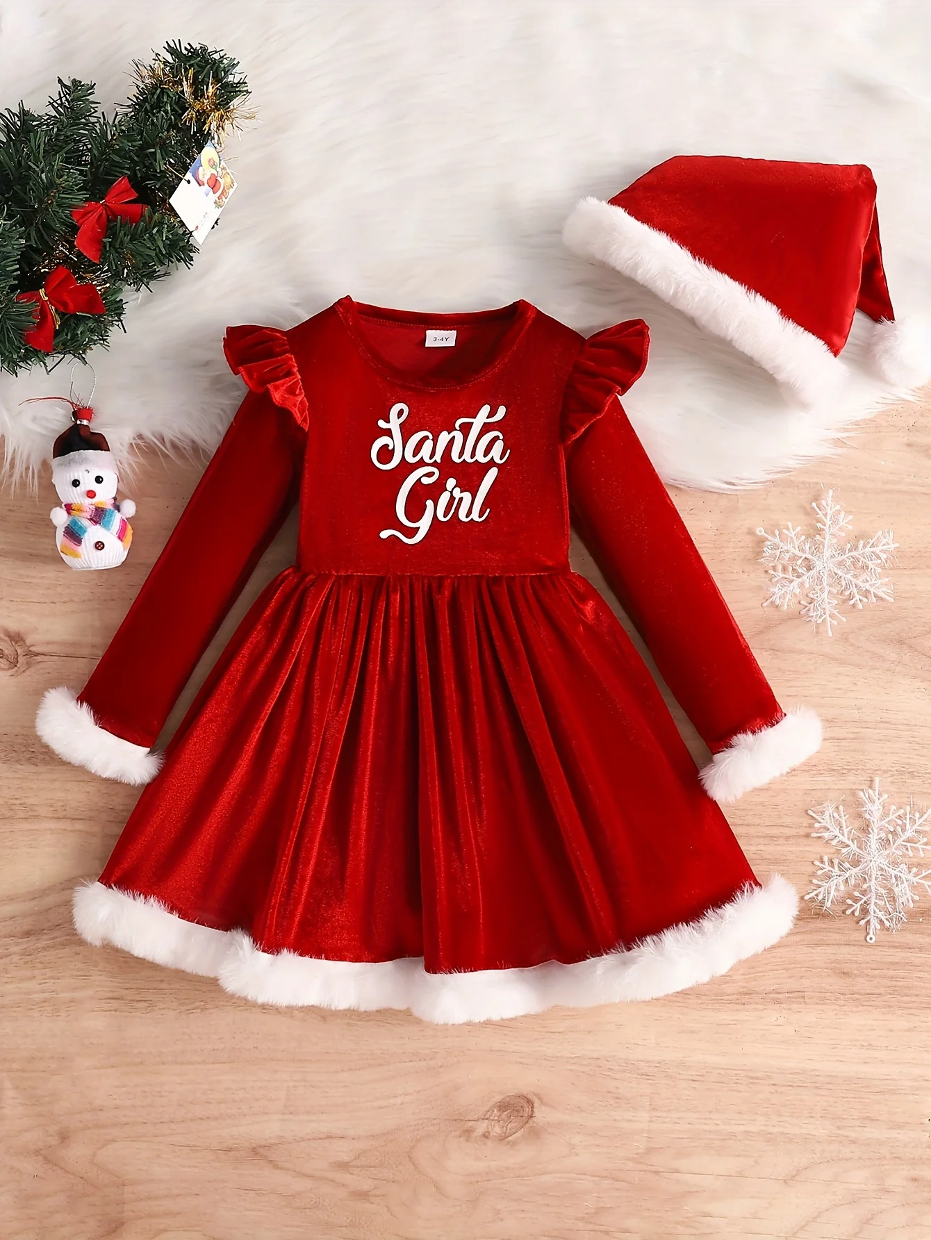 Christmas Velvet Girls Dress and Hat Set - Stretchy Long Sleeve, Contrast Cuffs, Holiday Party Outfit, Festive Gift for Little Princess, Velvet Fabric, Soft and Comfortable, Perfect for Christmas Celebrations and Holiday Parties - Deanwangkt